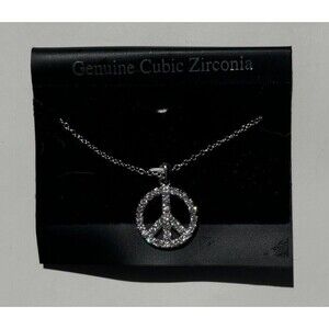 CZ Peace Sign 3/4" Designer Look Womens  Pendant Necklace 18” Chain Bling